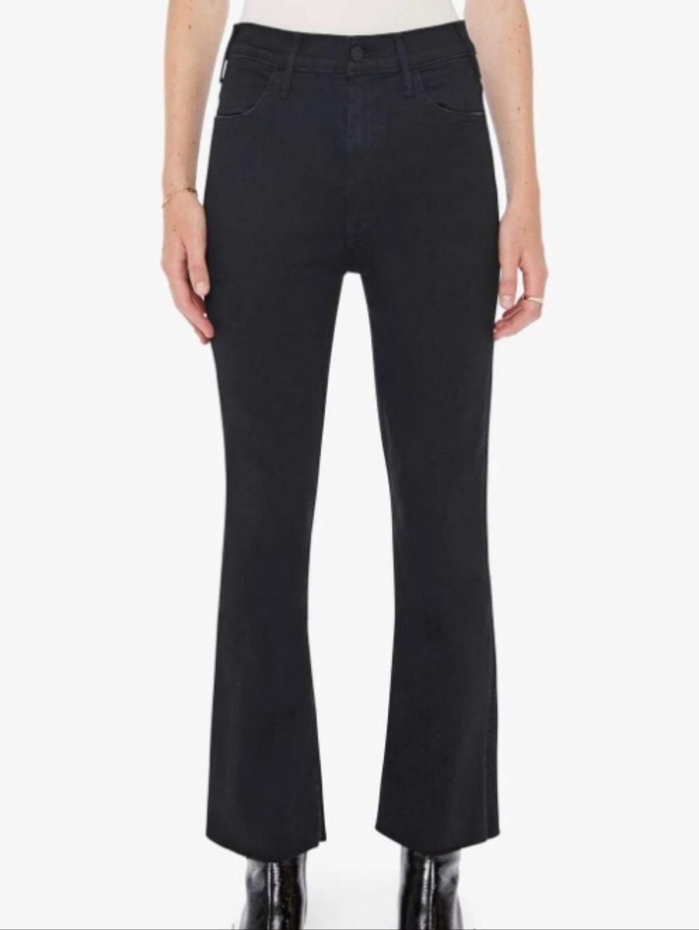 MOTHER The Hustler Ankle Fray Jeans, “Not Guilty” Black, Sz 28, Flare, Raw Hem